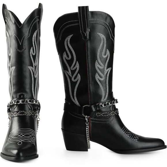 🆕Women Black Cowboy Boot with Chain Pointy Toe Heel Pull on Style Western Boots - Picture 2 of 7
